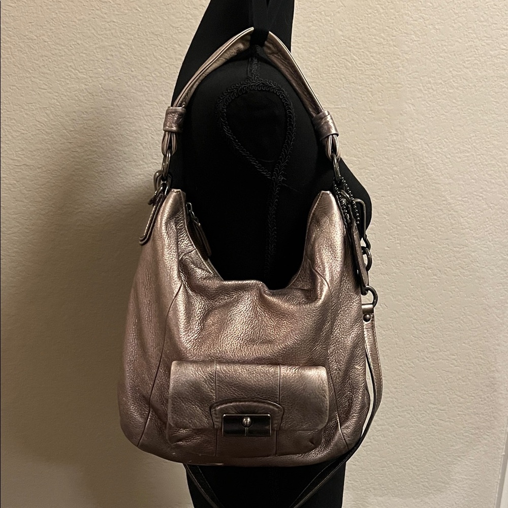 Coach Metallic Leather Hobo Shoulder Bag Pewter F14783